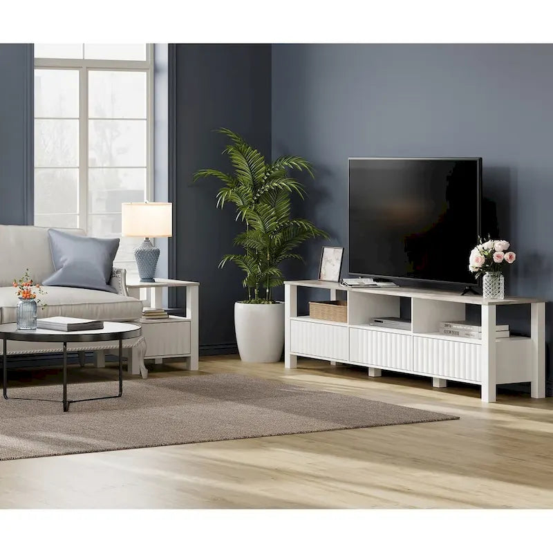 Meuble TV Blanc pour téléviseur de 65 à 100 pouces avec éclairage LED, Console TV Moderne