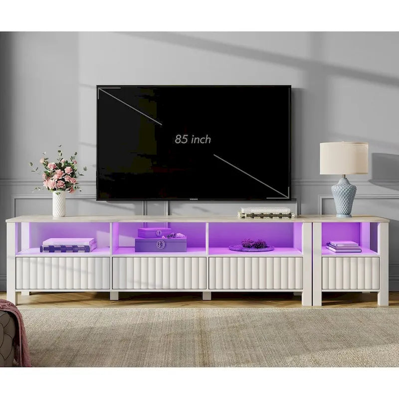 Meuble TV Blanc pour téléviseur de 65 à 100 pouces avec éclairage LED, Console TV Moderne