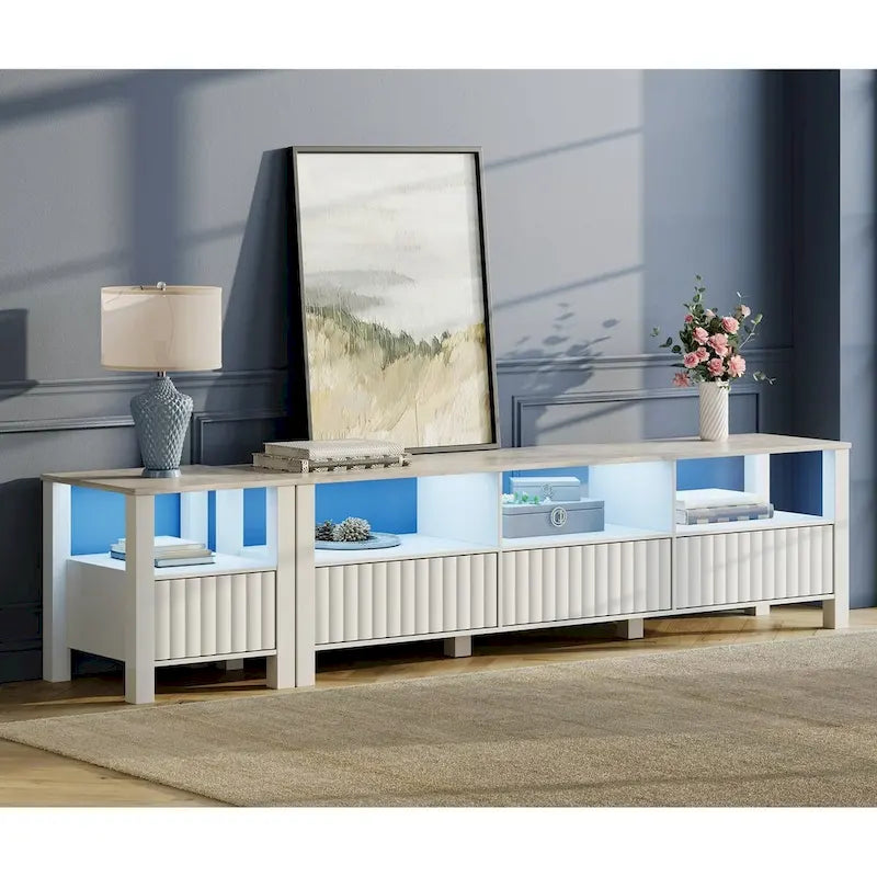 Meuble TV Blanc pour téléviseur de 65 à 100 pouces avec éclairage LED, Console TV Moderne