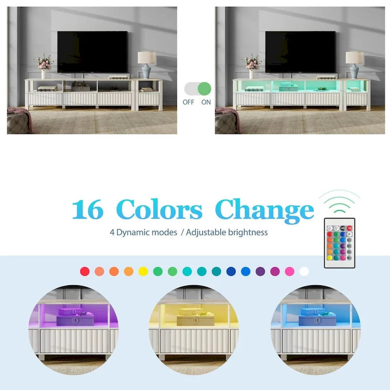 Meuble TV Blanc pour téléviseur de 65 à 100 pouces avec éclairage LED, Console TV Moderne