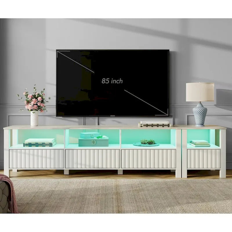 Meuble TV Blanc pour téléviseur de 65 à 100 pouces avec éclairage LED, Console TV Moderne