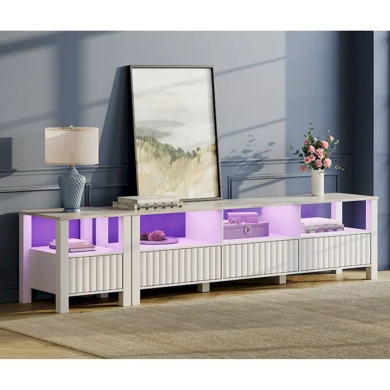 Meuble TV Blanc pour téléviseur de 65 à 100 pouces avec éclairage LED, Console TV Moderne