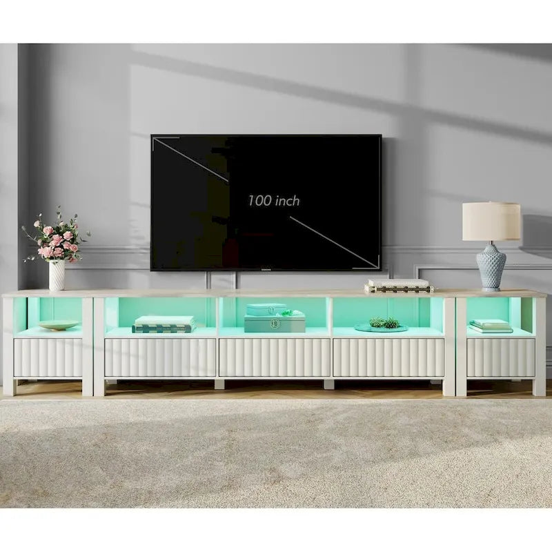 Meuble TV Blanc pour téléviseur de 65 à 100 pouces avec éclairage LED, Console TV Moderne