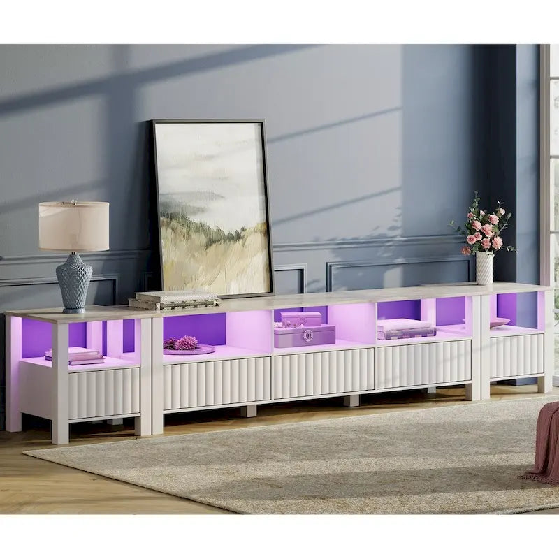 Meuble TV Blanc pour téléviseur de 65 à 100 pouces avec éclairage LED, Console TV Moderne