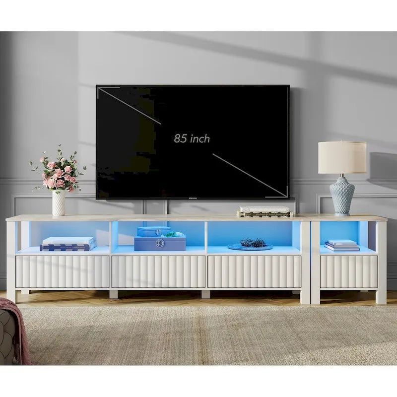 Meuble TV Blanc pour téléviseur de 65 à 100 pouces avec éclairage LED, Console TV Moderne