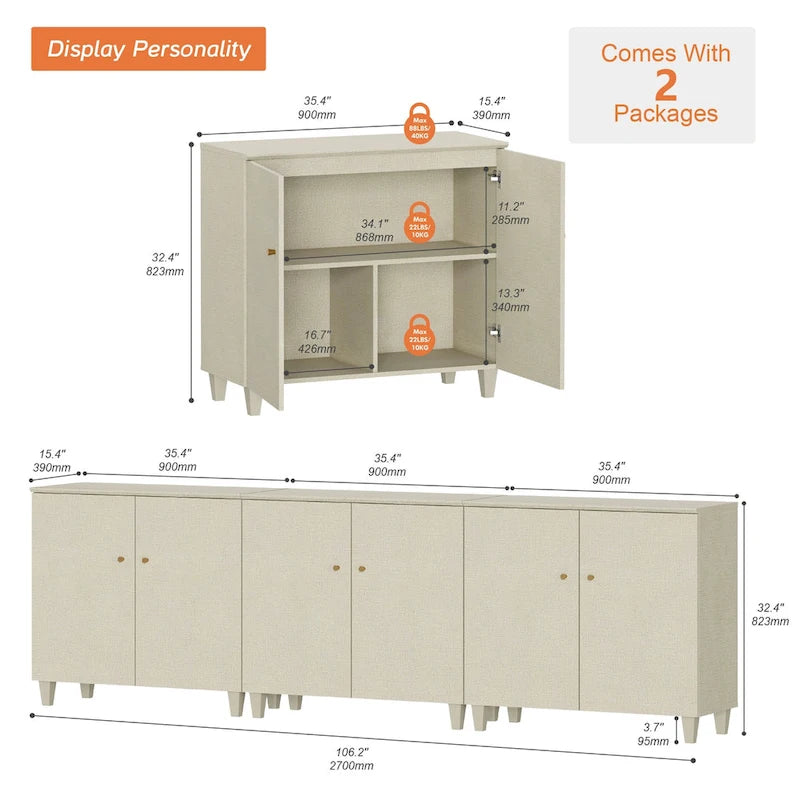 Meuble TV moderne WAMPAT, grand meuble TV avec portes