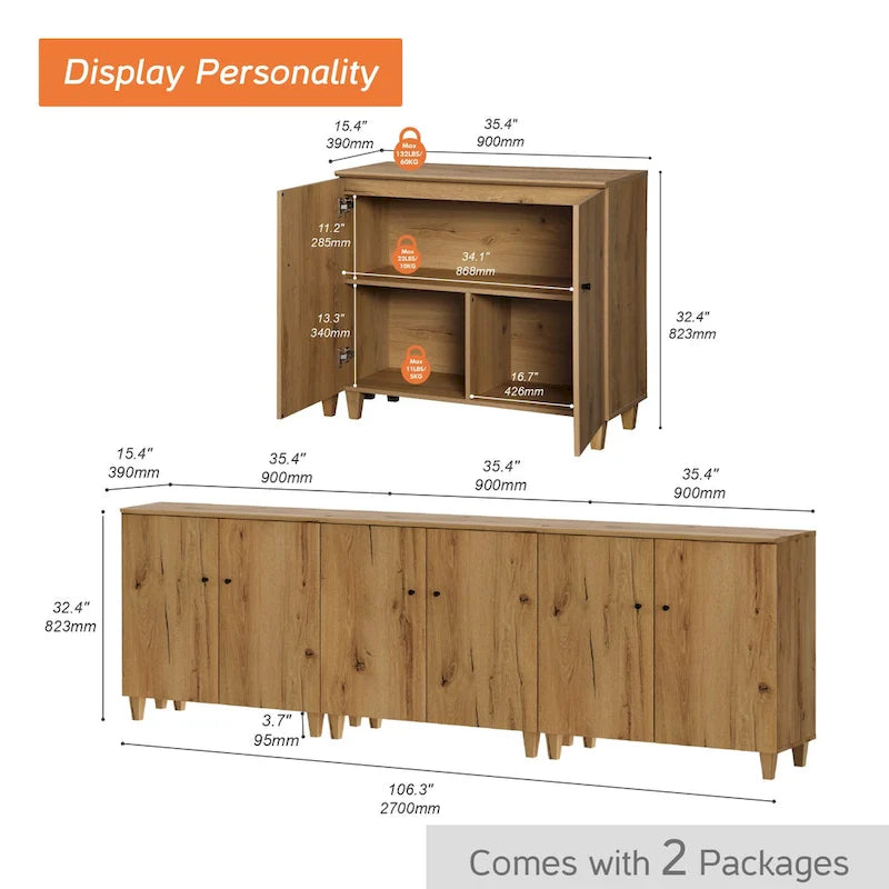 Meuble TV moderne WAMPAT, grand meuble TV avec portes