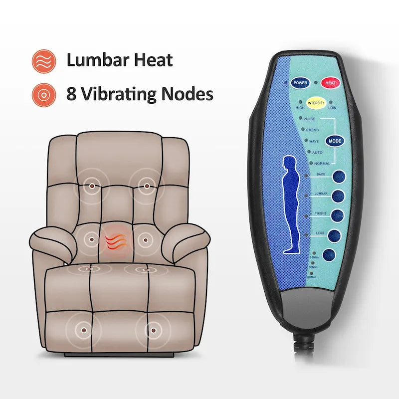 Fauteuil inclinable électrique MCombo avec massage, chaleur, appui-tête réglable, repose-pieds étendu (PU/Tissu)