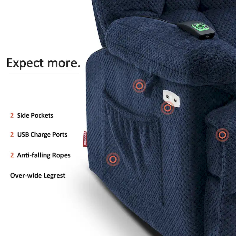 Fauteuil inclinable électrique MCombo avec massage, chaleur, appui-tête réglable, repose-pieds étendu (PU/Tissu)