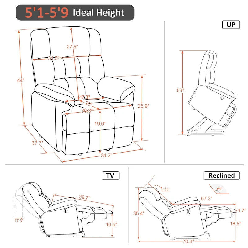 Fauteuil inclinable électrique MCombo avec massage, chaleur, appui-tête réglable, repose-pieds étendu (PU/Tissu)