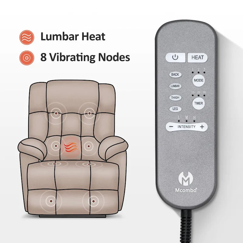 Fauteuil inclinable électrique MCombo avec massage, chaleur, appui-tête réglable, repose-pieds étendu (PU/Tissu)
