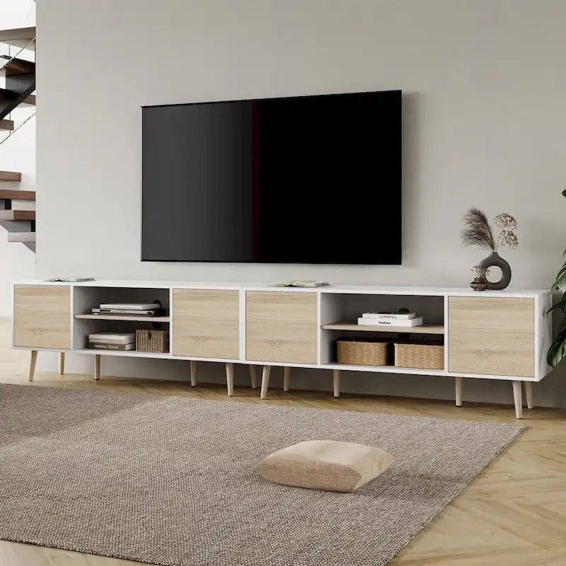 Meuble TV moderne du milieu du siècle pour écrans jusqu'à 100 pouces, 2-en-1, blanc