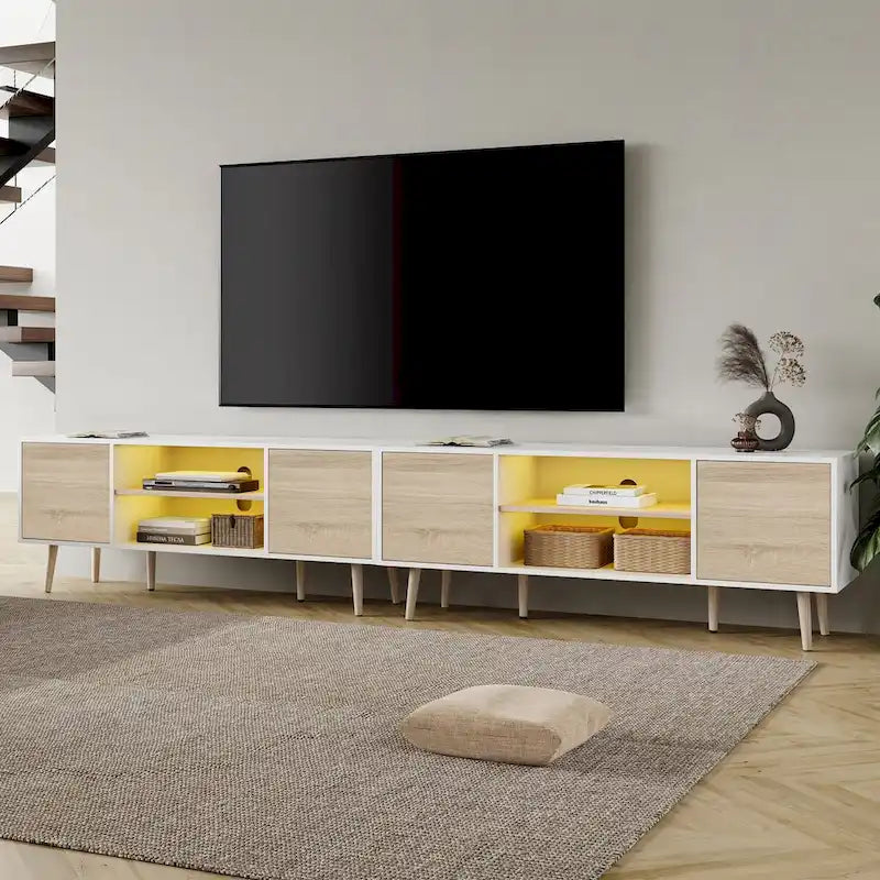 Meuble TV moderne du milieu du siècle pour écrans jusqu'à 100 pouces, 2-en-1, blanc
