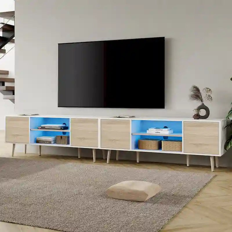 Meuble TV moderne du milieu du siècle pour écrans jusqu'à 100 pouces, 2-en-1, blanc