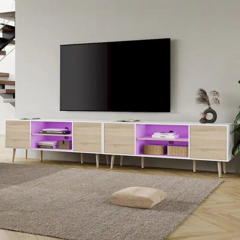 Meuble TV moderne du milieu du siècle pour écrans jusqu'à 100 pouces, 2-en-1, blanc