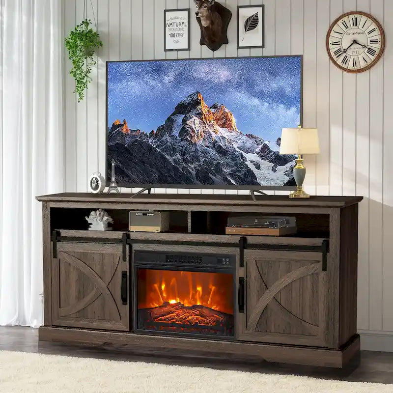 Meuble TV console avec cheminée et porte coulissante style grange de 68 po avec foyer électrique de 23 po