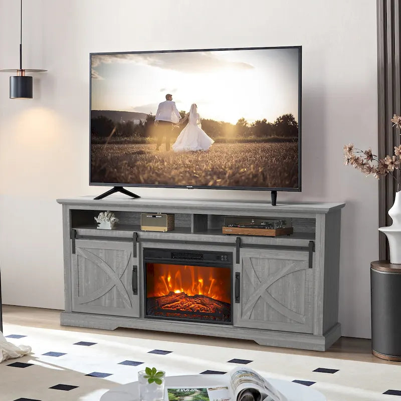 Meuble TV console avec cheminée et porte coulissante style grange de 68 po avec foyer électrique de 23 po
