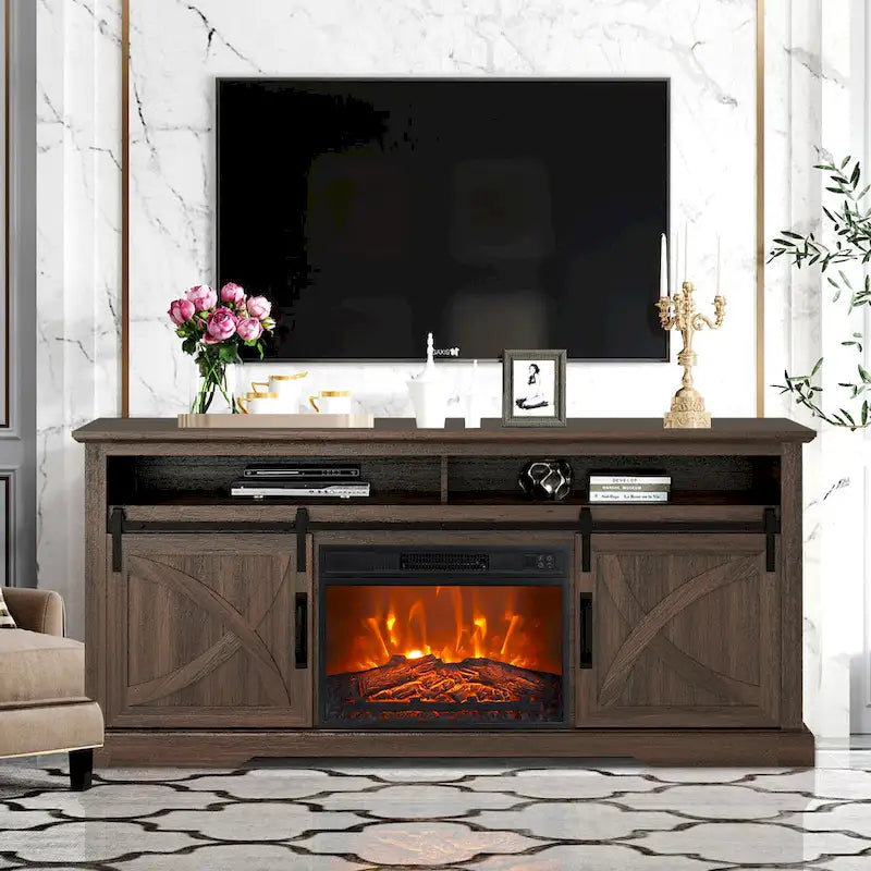 Meuble TV console avec cheminée et porte coulissante style grange de 68 po avec foyer électrique de 23 po