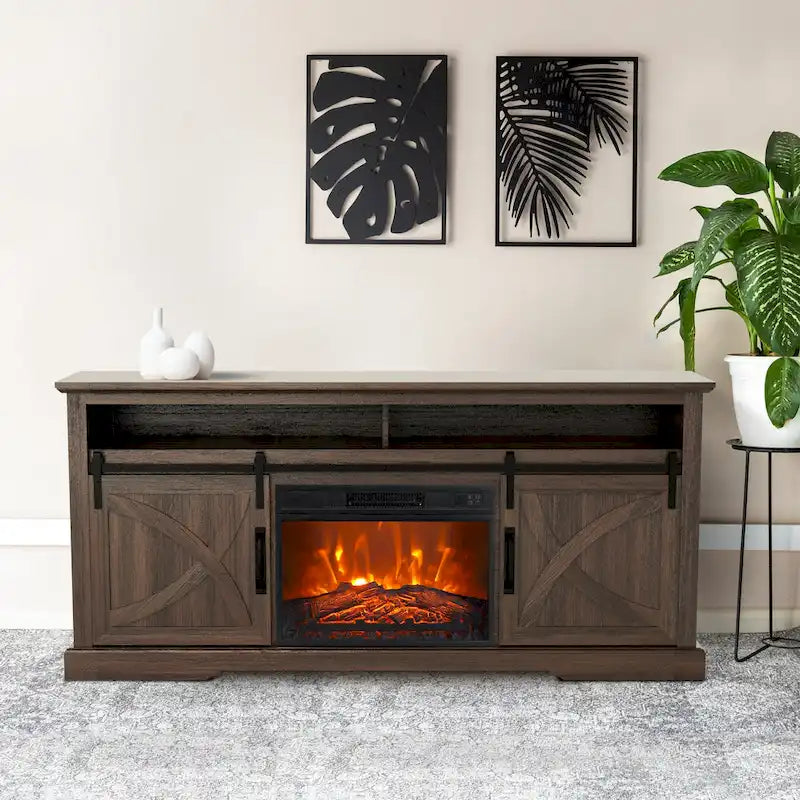 Meuble TV console avec cheminée et porte coulissante style grange de 68 po avec foyer électrique de 23 po
