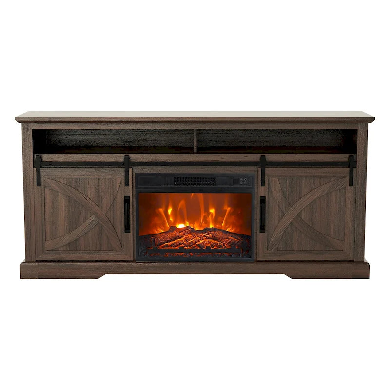 Meuble TV console avec cheminée et porte coulissante style grange de 68 po avec foyer électrique de 23 po
