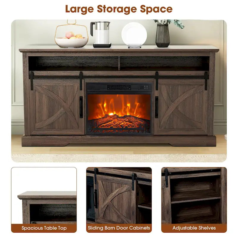 Meuble TV console avec cheminée et porte coulissante style grange de 68 po avec foyer électrique de 23 po