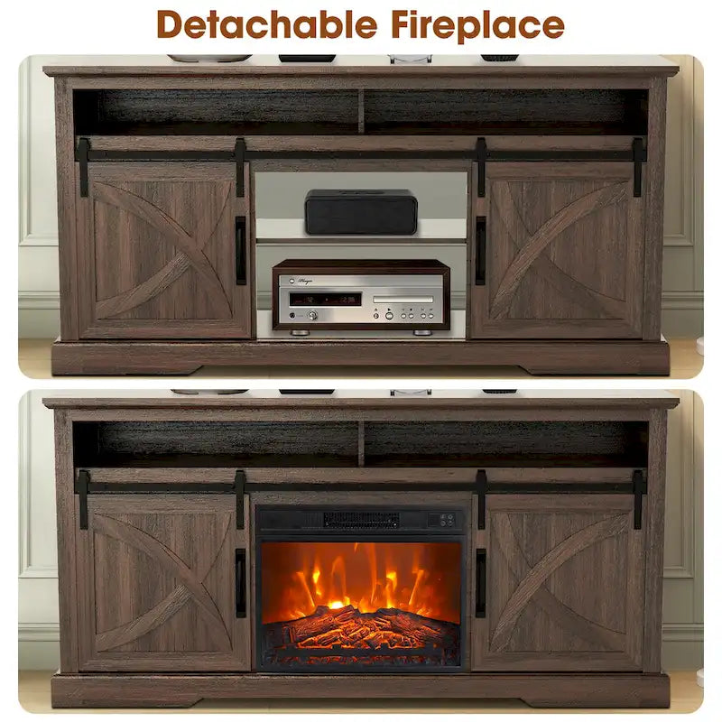 Meuble TV console avec cheminée et porte coulissante style grange de 68 po avec foyer électrique de 23 po
