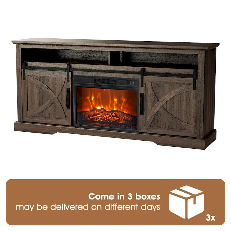 Meuble TV console avec cheminée et porte coulissante style grange de 68 po avec foyer électrique de 23 po