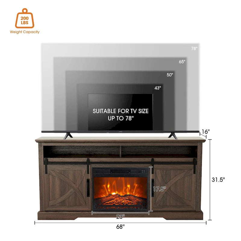 Meuble TV console avec cheminée et porte coulissante style grange de 68 po avec foyer électrique de 23 po