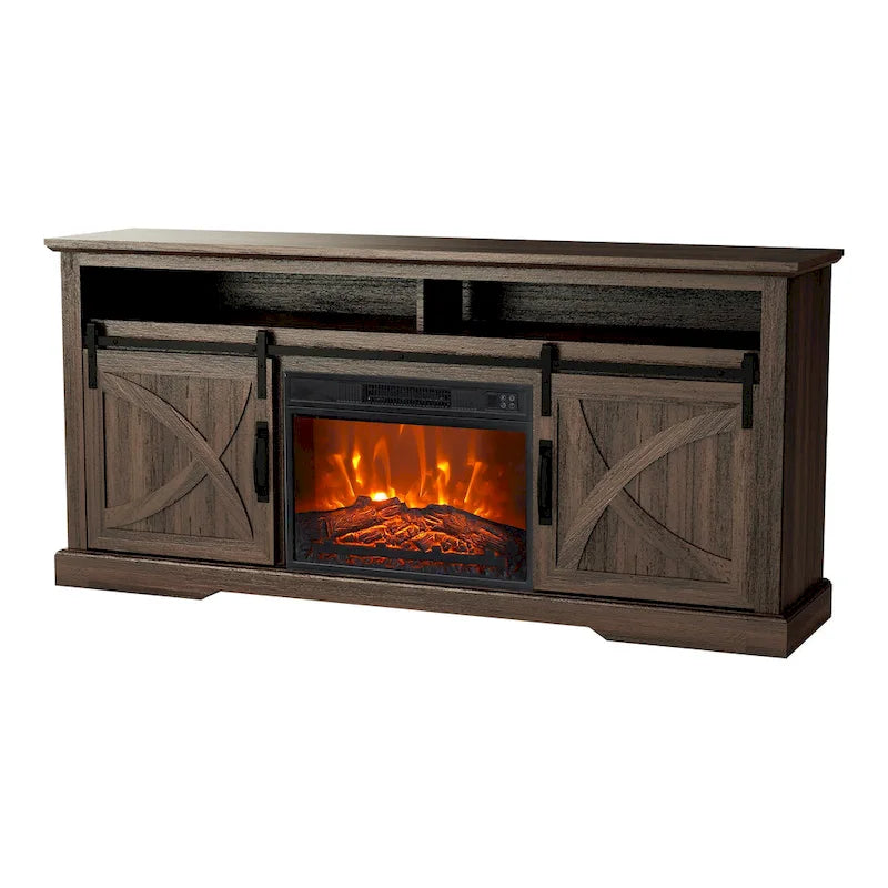 Meuble TV console avec cheminée et porte coulissante style grange de 68 po avec foyer électrique de 23 po
