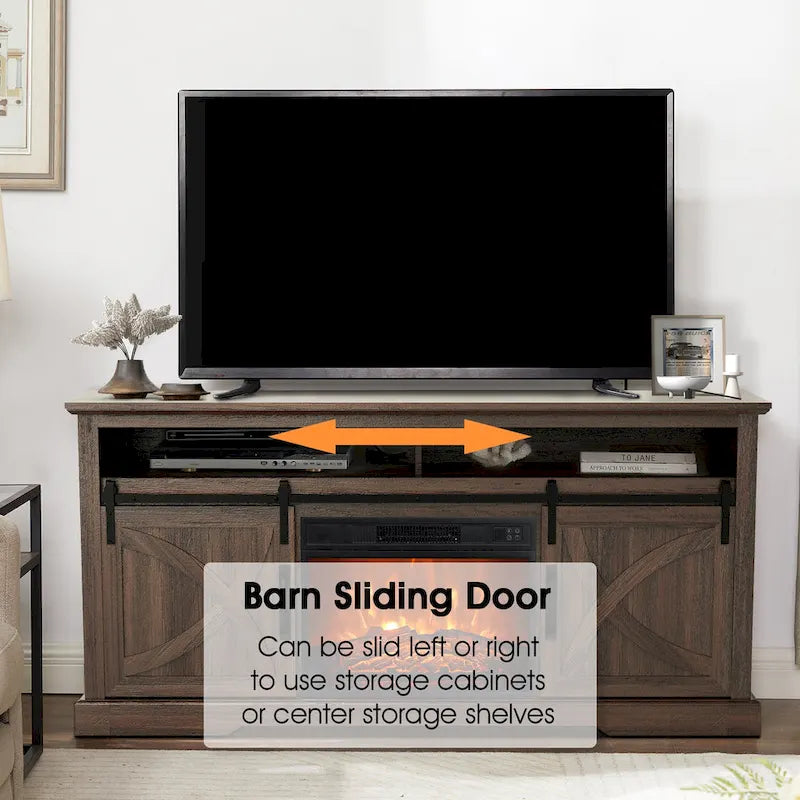 Meuble TV console avec cheminée et porte coulissante style grange de 68 po avec foyer électrique de 23 po