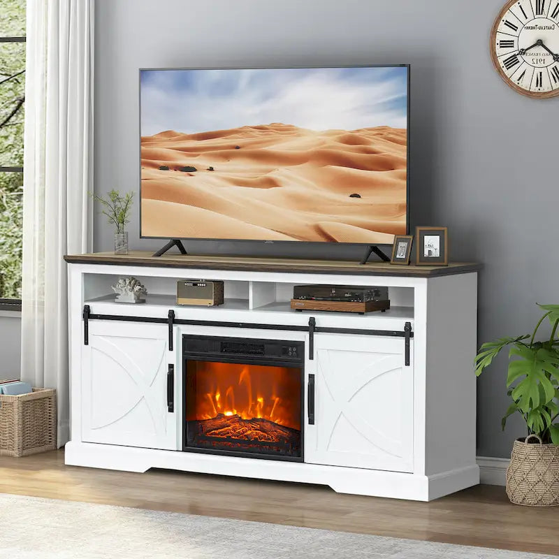 Meuble TV console avec cheminée et porte coulissante style grange de 68 po avec foyer électrique de 23 po