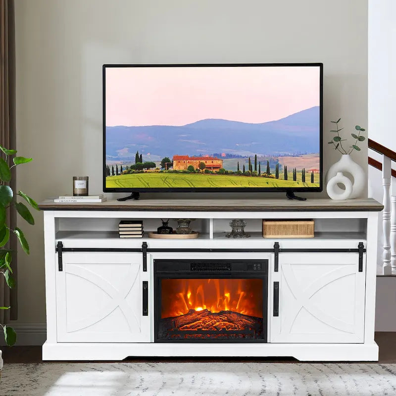 Meuble TV console avec cheminée et porte coulissante style grange de 68 po avec foyer électrique de 23 po