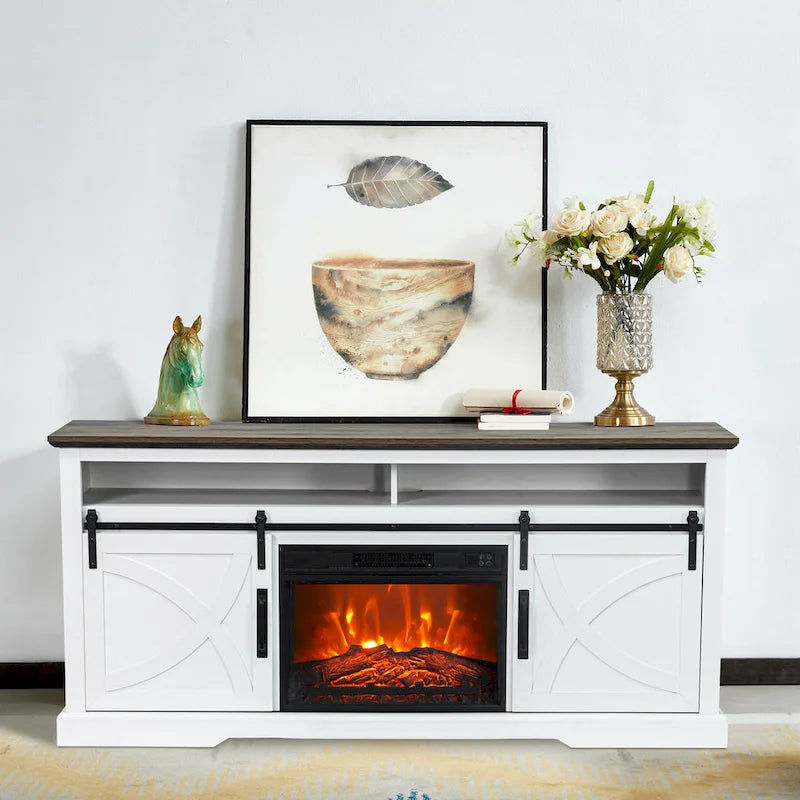 Meuble TV console avec cheminée et porte coulissante style grange de 68 po avec foyer électrique de 23 po