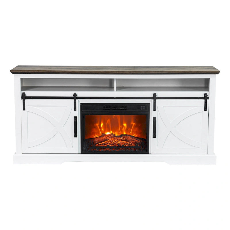 Meuble TV console avec cheminée et porte coulissante style grange de 68 po avec foyer électrique de 23 po
