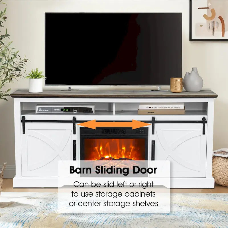 Meuble TV console avec cheminée et porte coulissante style grange de 68 po avec foyer électrique de 23 po