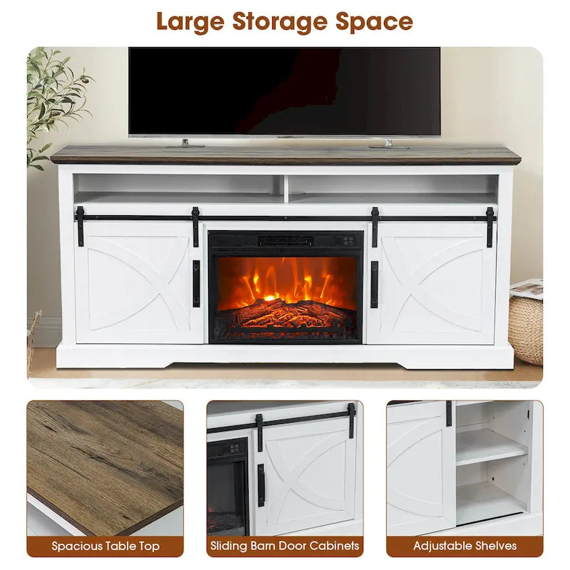 Meuble TV console avec cheminée et porte coulissante style grange de 68 po avec foyer électrique de 23 po