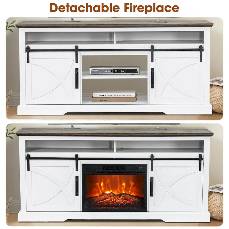 Meuble TV console avec cheminée et porte coulissante style grange de 68 po avec foyer électrique de 23 po