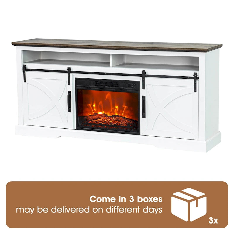 Meuble TV console avec cheminée et porte coulissante style grange de 68 po avec foyer électrique de 23 po