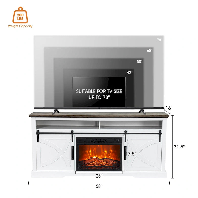 Meuble TV console avec cheminée et porte coulissante style grange de 68 po avec foyer électrique de 23 po