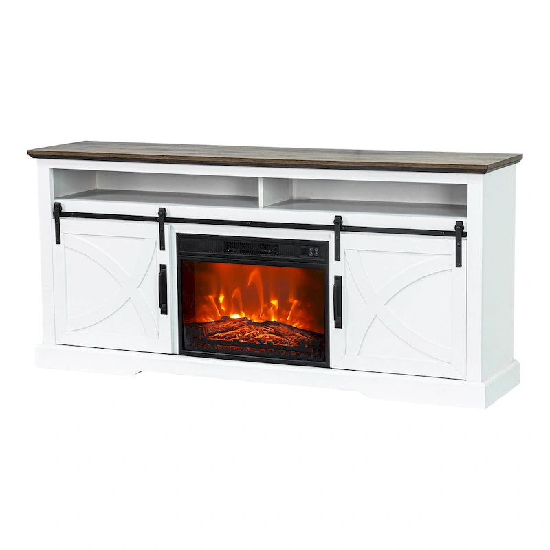 Meuble TV console avec cheminée et porte coulissante style grange de 68 po avec foyer électrique de 23 po