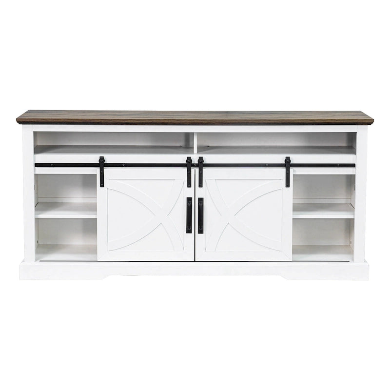 Meuble TV console avec cheminée et porte coulissante style grange de 68 po avec foyer électrique de 23 po