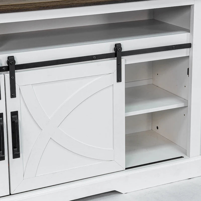 Meuble TV console avec cheminée et porte coulissante style grange de 68 po avec foyer électrique de 23 po