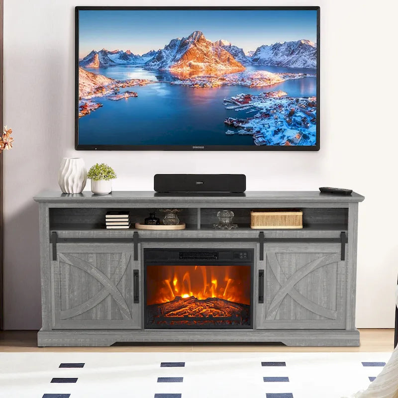Meuble TV console avec cheminée et porte coulissante style grange de 68 po avec foyer électrique de 23 po