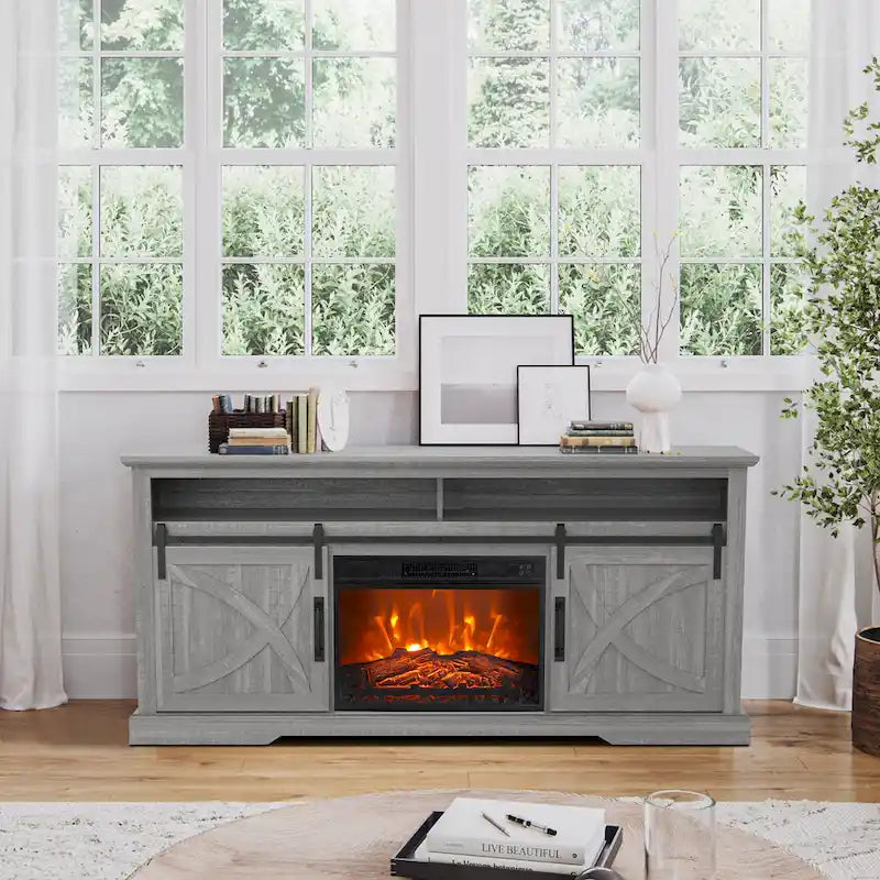 Meuble TV console avec cheminée et porte coulissante style grange de 68 po avec foyer électrique de 23 po