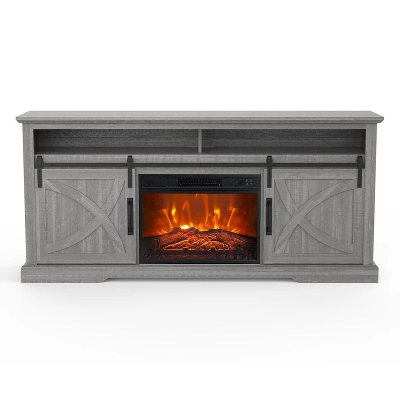 Meuble TV console avec cheminée et porte coulissante style grange de 68 po avec foyer électrique de 23 po