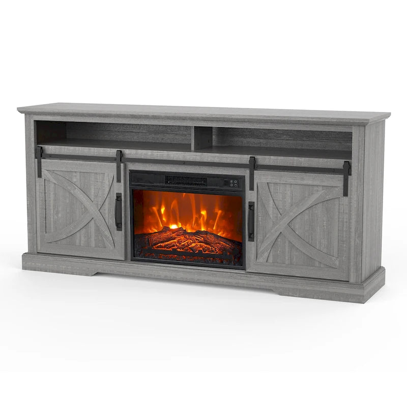 Meuble TV console avec cheminée et porte coulissante style grange de 68 po avec foyer électrique de 23 po