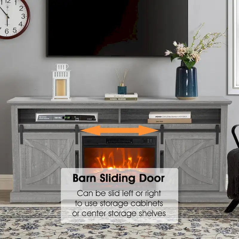 Meuble TV console avec cheminée et porte coulissante style grange de 68 po avec foyer électrique de 23 po