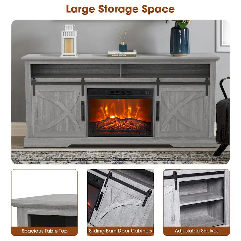 Meuble TV console avec cheminée et porte coulissante style grange de 68 po avec foyer électrique de 23 po
