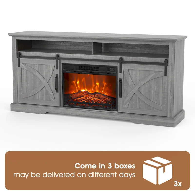 Meuble TV console avec cheminée et porte coulissante style grange de 68 po avec foyer électrique de 23 po