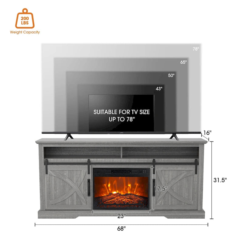 Meuble TV console avec cheminée et porte coulissante style grange de 68 po avec foyer électrique de 23 po